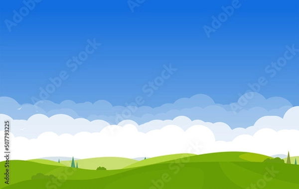Fototapeta Meadow in mountains. Trees and green grass on the hills. Country background in cartoon style banner. Blue sky and white clouds high in mountains.