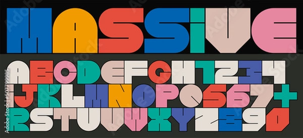 Fototapeta Modern Latin alphabet with numbers. Simple square letters of rough shapes. English font of linear capital, very thick letters with a thin stroke. Ultra bold font in modern brutal style.