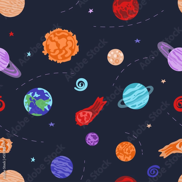 Fototapeta Seamless cute space pattern. Planets, metheorites nebulas and stars. Cosmic childish background. Hand drawn universe vector illustration.