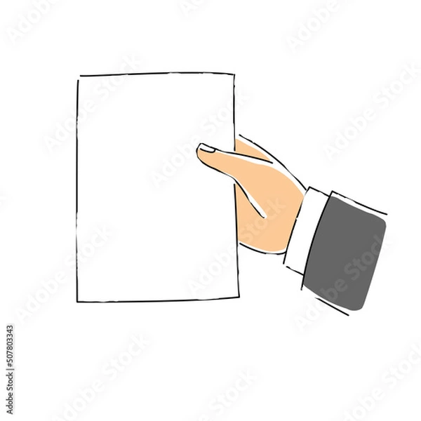 Fototapeta Hand holding a blank sheet of paper. Hand drawn cartoon sketch vector illustration.