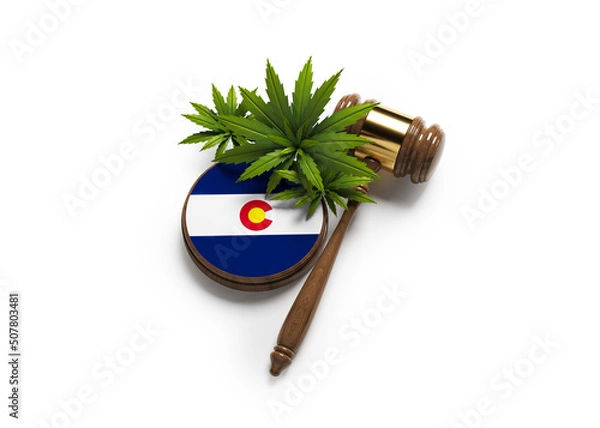 Fototapeta Cannabis leaf, gavel, and Colorado flag. On white color background. horizontal composition. Isolated with clipping path.