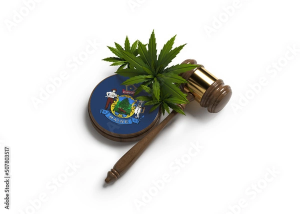 Fototapeta Cannabis leaf, gavel, and Maine flag. On white color background. horizontal composition. Isolated with clipping path.