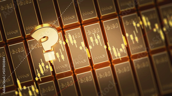 Fototapeta Question mark and finance chart on gold ingot stack. Horizontal composition.