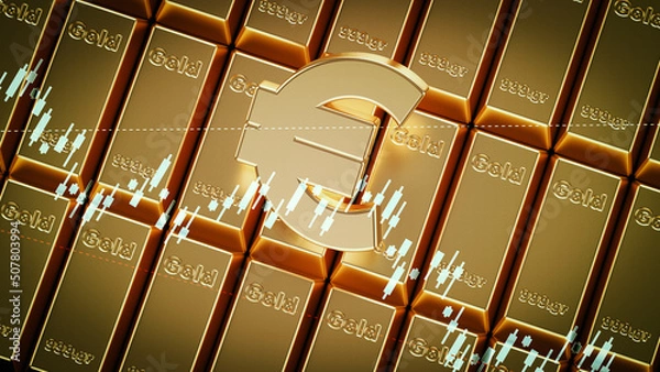Obraz Euro symbol and finance chart on gold ingot stack. Horizontal composition.