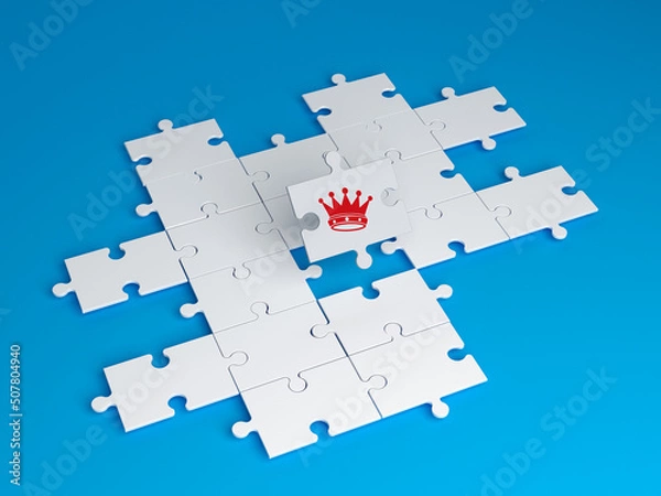 Obraz Red king crown icon and empty jigsaw puzzle pieces global finance concept. On blue color background. Horizontal composition. Isolated with clipping path.