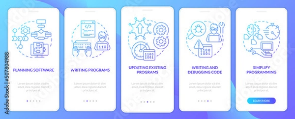 Fototapeta Programming skills blue gradient onboarding mobile app screen. Walkthrough 5 steps graphic instructions pages with linear concepts. UI, UX, GUI template. Myriad Pro-Bold, Regular fonts used
