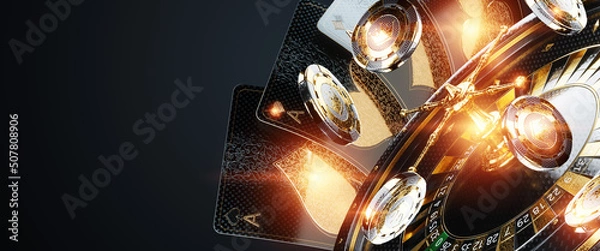 Obraz Casino concept, Poster for casino design, luxury style, black and gold design. Playing cards on a dark background. Baccarat, poker, blackjack. 3D render, 3D illustration.