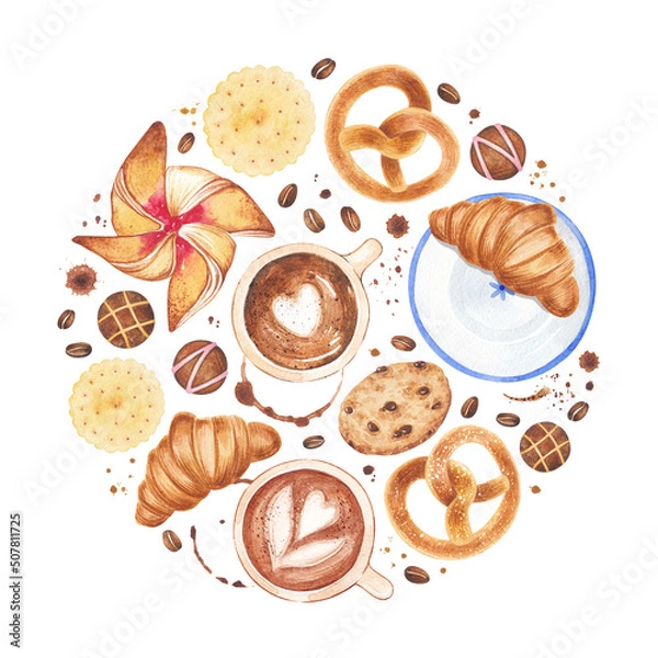 Fototapeta Watercolor illustration of sweets and coffee. A set of products in circles: cappuccino, croissant, cookies, pretzel, chocolates, coffee beans and others. Parisian breakfast.