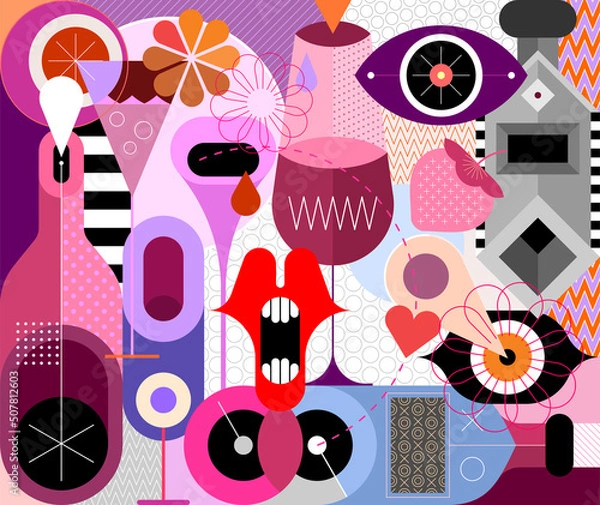 Obraz Art composition of cocktails, lemonades, glasses, bottles, abstract shapes and patterns. Vector illustration, cocktail party background.