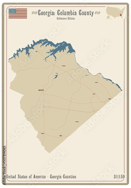 Fototapeta Map on an old playing card of Columbia county in Illinois, USA.