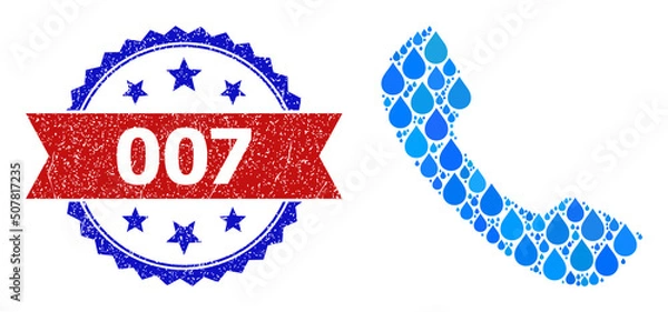 Fototapeta Vector mosaic phone receiver, and bicolor grunge 007 seal stamp. Phone receiver collage for clean water advertisement. Phone receiver is created with blue pure aqua dews.