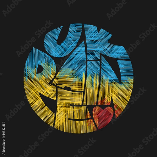 Obraz Word Ukraine in the colors of the national flag with a heart. Concept in grunge style for print production. T-shirt fashion Design.