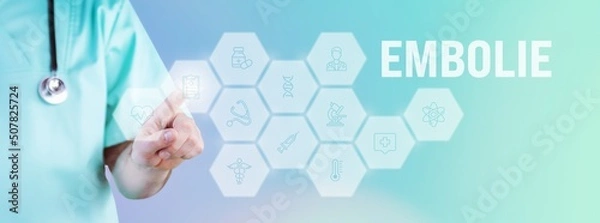 Fototapeta Embolie. Männlicher Arzt zeigt mit Finger auf digitales Hologramm aus Icons. Text mit medizinischen Begriff. Konzept für Digitalisierung in der Medizin