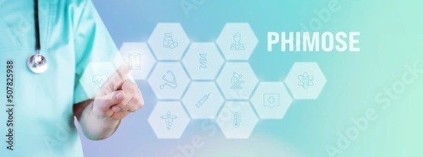 Fototapeta Phimose (Vorhautverengung). Männlicher Arzt zeigt mit Finger auf digitales Hologramm aus Icons. Text mit medizinischen Begriff. Konzept für Digitalisierung in der Medizin