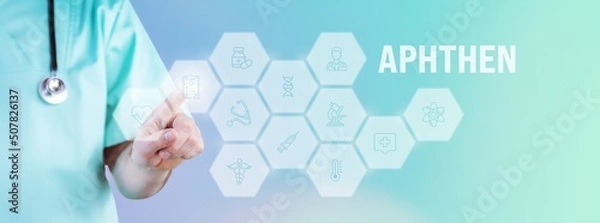 Fototapeta Aphthen. Männlicher Arzt zeigt mit Finger auf digitales Hologramm aus Icons. Text mit medizinischen Begriff. Konzept für Digitalisierung in der Medizin