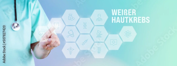 Fototapeta Weißer Hautkrebs (Basaliom). Männlicher Arzt zeigt mit Finger auf digitales Hologramm aus Icons. Text mit medizinischen Begriff. Konzept für Digitalisierung in der Medizin