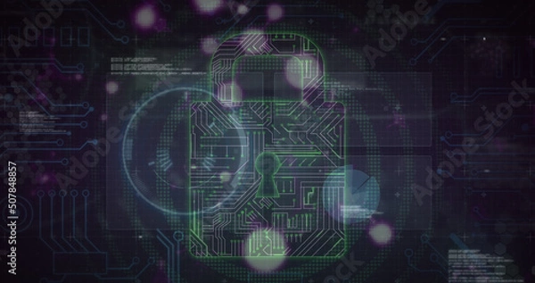 Obraz Image of security padlock and data processing over navy background