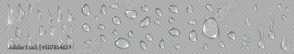 Fototapeta Water drop condensation set. Vector realistic clean transparent rain droplet set on glass or window background