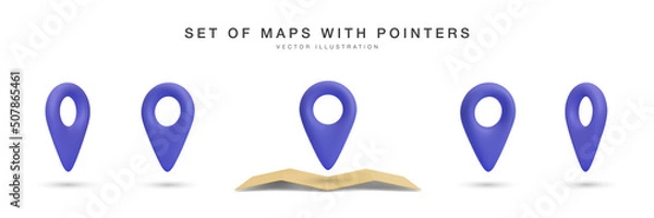 Fototapeta Realistic 3d map with set of blue pointer in different views isolated on white background. Vector illustration