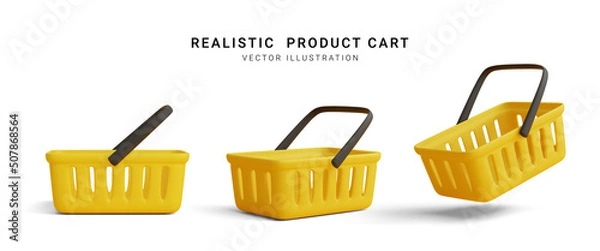 Obraz Collection of realistic 3d yellow shopping carts isolated on white background. Empty shopping basket. Vector illustration