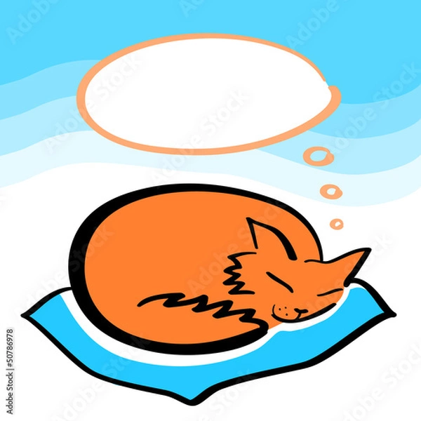 Obraz Sleeping ginger cat with a speech bubble dreaming card, vector