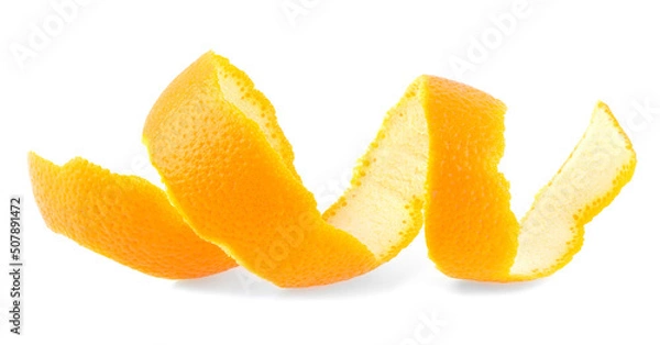 Obraz Peel of fresh orange fruit isolated on a white background. Single orange peel. Orange twist.