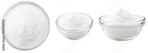 Obraz Soda in a glass bowl. Soda, flour, salt or sugar in a glass container. Three different angles of a plate with soda, flour, salt or sugar on a white background.