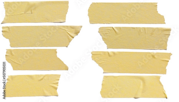 Obraz Torn horizontal and different size yellow sticky tape, sticky pieces isolated on white background. Set of yellow tapes.