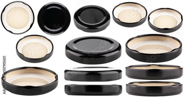 Obraz Metal lids for jars. Set of black caps isolated on a white background.