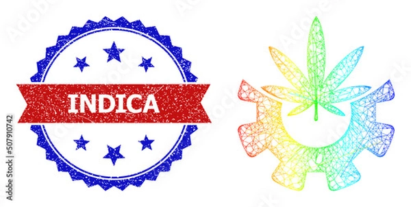 Fototapeta Net cannabis industry frame illustration with spectrum gradient, and bicolor textured Indica stamp. Red stamp seal includes Indica title inside blue rosette. Colored frame net cannabis industry icon.