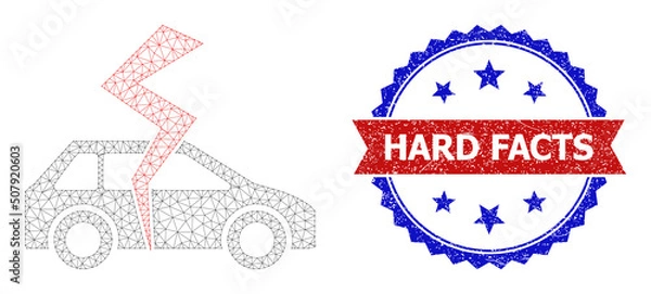 Fototapeta Mesh net car destroy polygonal carcass icon, and bicolor dirty Hard Facts watermark. Red badge has Hard Facts text inside ribbon and blue rosette. Vector carcass polygonal mesh car destroy icon.