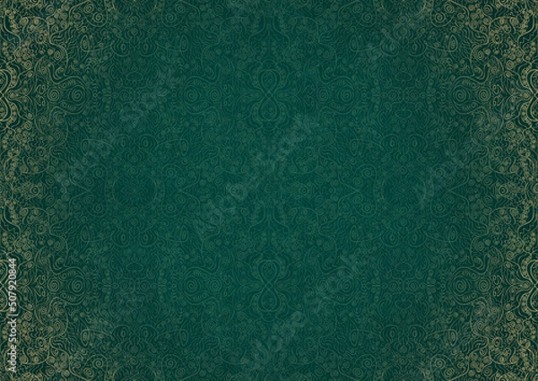 Fototapeta Hand-drawn unique abstract ornament. Light green on a dark cold green background, with vignette in golden glitter. Paper texture. Digital artwork, A4. (pattern: p06b)