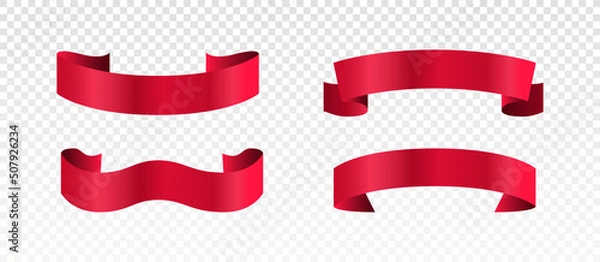 Fototapeta Set of red ribbons. Stickers for social networks and place for text, template. Decoration of trophies and cups for winners. Cartoon isometric vector illustrations isolated on transparent background