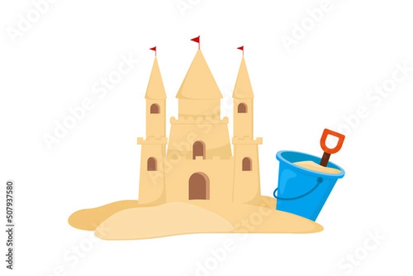Fototapeta Simple sand castle with blue bucket and red shovel. Cartoon design. Flat vector illustration isolated on a white background.