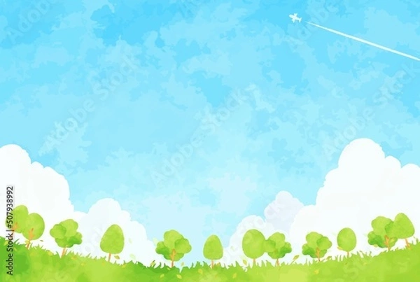 Fototapeta 爽やかな青空と木々の風景イラスト