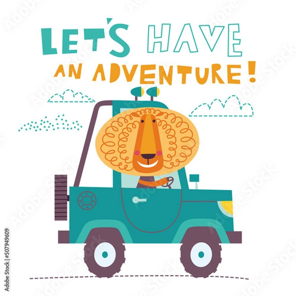 Obraz Cute lion is going by car. Vector illustration on a white background.