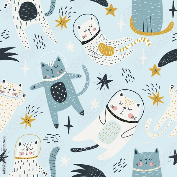 Fototapeta Seamless childish pattern with cat astronauts in space. Trendy colorful Scandinavian style. Creative scandinavian baby texture for fabric, wrapping, textile, wallpaper, clothes. Vector illustration