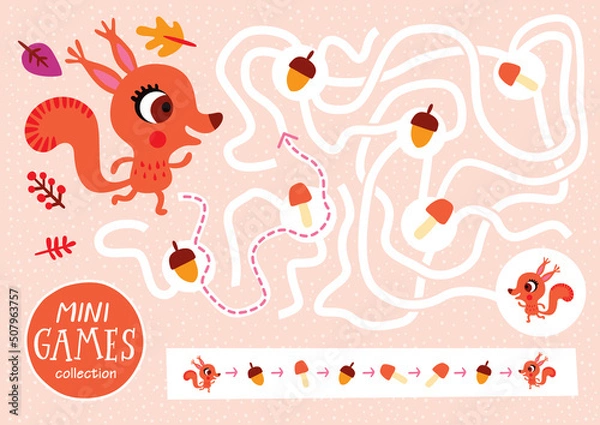 Fototapeta Funny maze for children. Feed the squirrel. Mini games collections.
