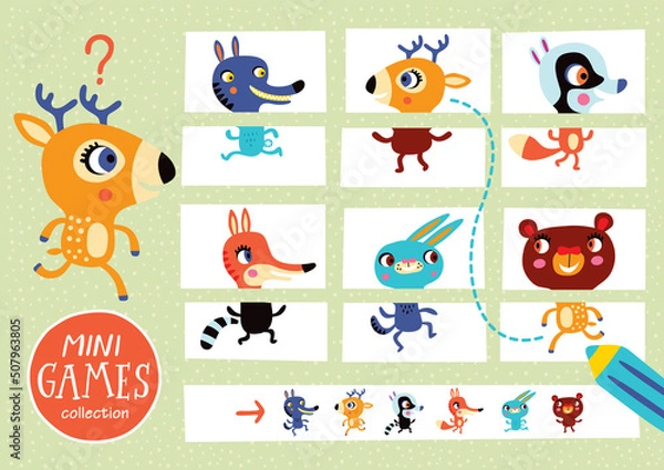 Fototapeta Assemble the pictures. Mini games collections. Forest animals.