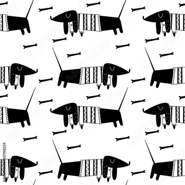 Fototapeta seamless pattern with black and white dachshund 