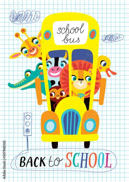 Obraz Back to school. Childish illustration on a white background. School bus in vector.