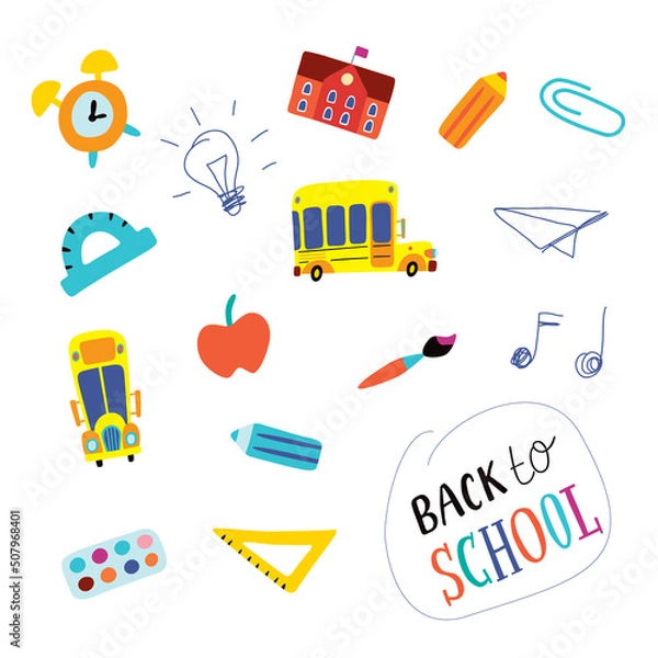 Obraz Back to school. Set in vector. Childish illustration on a white background. 