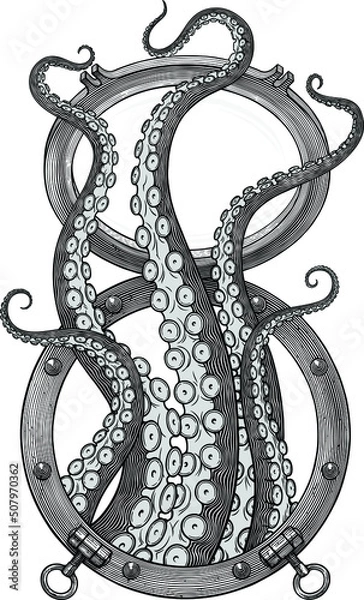 Fototapeta Black and white vector drawing of tentacles moving from the window