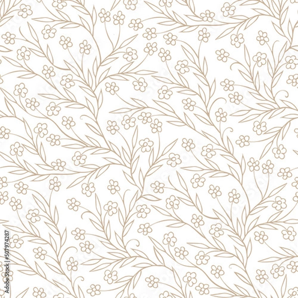 Fototapeta Vector seamless floral pattern with branching flower stems isolated on white background, seamless, hand-drawn, for web background, fabric, paper, doodle style, two-tone.