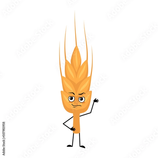 Obraz Cute ear of wheat character with emotions of hero, brave face, arms and leg. Healthy cereal with courage expression and posture, vitamin rich food. Vector flat illustration