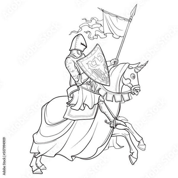 Obraz Early Medieval mounted knight. A warrior in a chain-mail armor riding on a horse back. Medieval gothic style concept art. Black line drawing isolated on white background. EPS10 vector illustration