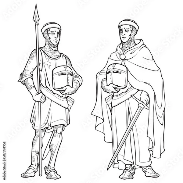 Obraz Early Medieval knight. Two outfits with a chain-mail armor long or short tunic and cloak. Medieval gothic style concept art. Black line drawing isolated on white background. EPS10 vector illustration