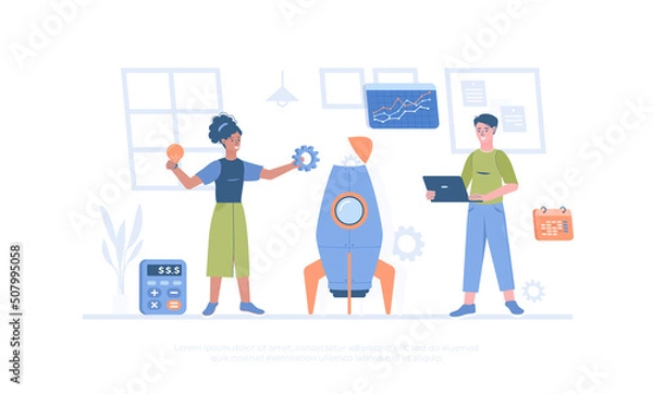 Fototapeta Business startup. Man and woman preparing a rocket for launch. Project success, business planning. 
 Cartoon modern flat vector illustration for banner, website design, landing page.	