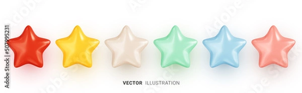 Obraz Set of colorful stars. Collection of realistic 3D multicolored vector star shapes on white background. Vector illustration