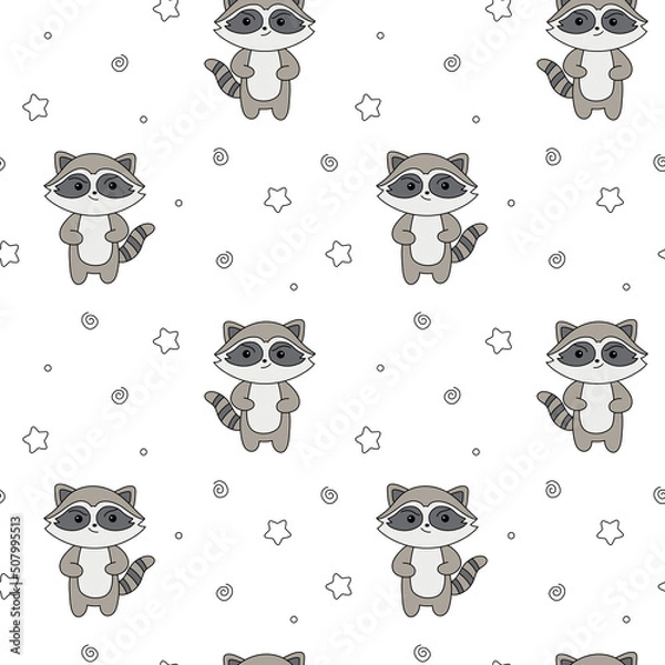 Fototapeta Raccoon vector seamless pattern, cute serious raccoon background